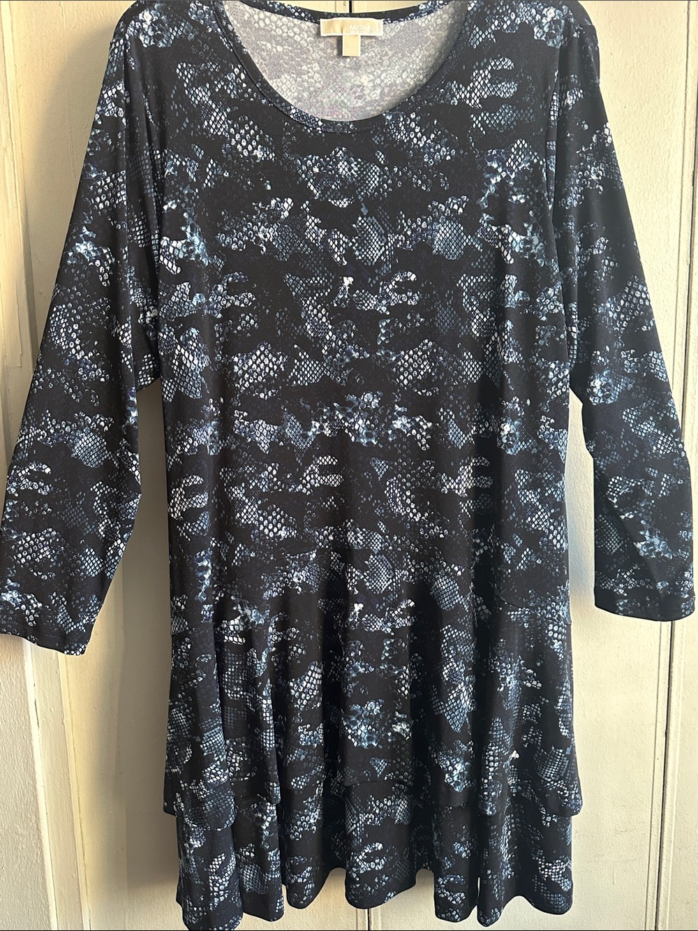 Michael Kors Black White and Blue Patterned Long Sleeve Dress